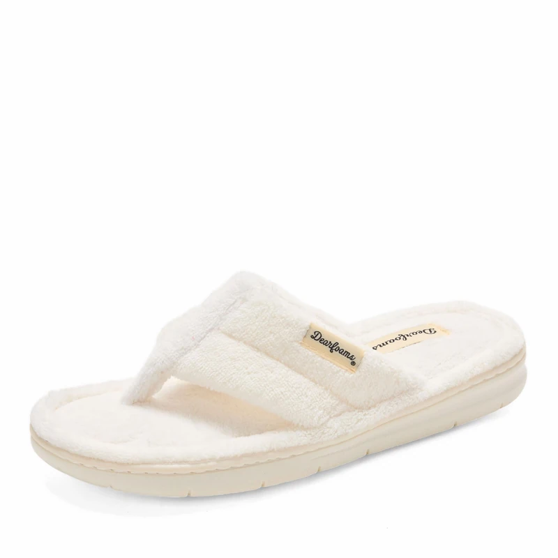 Dearfoams Women's Melanie Terry Thong Slipper, White Muslin, 9-10