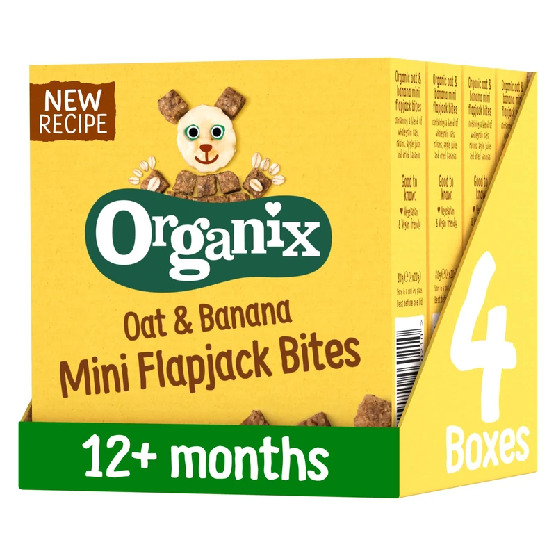 Organix Organic Flapjacks for Toddlers, Oat & Banana, Sugar-Free, 4 x 20 g Bites Per Box (4 Boxes Total)