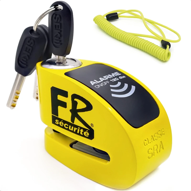 FR Sécurité FR410Y Alarm Disk Lock Approved SRA, More Deterrent, Optional 120dB Alarm ON/Off, More Deterrent, High Security Lock, High Security Anti Theft Wheel Brake Lock for Motorcycle Scooter