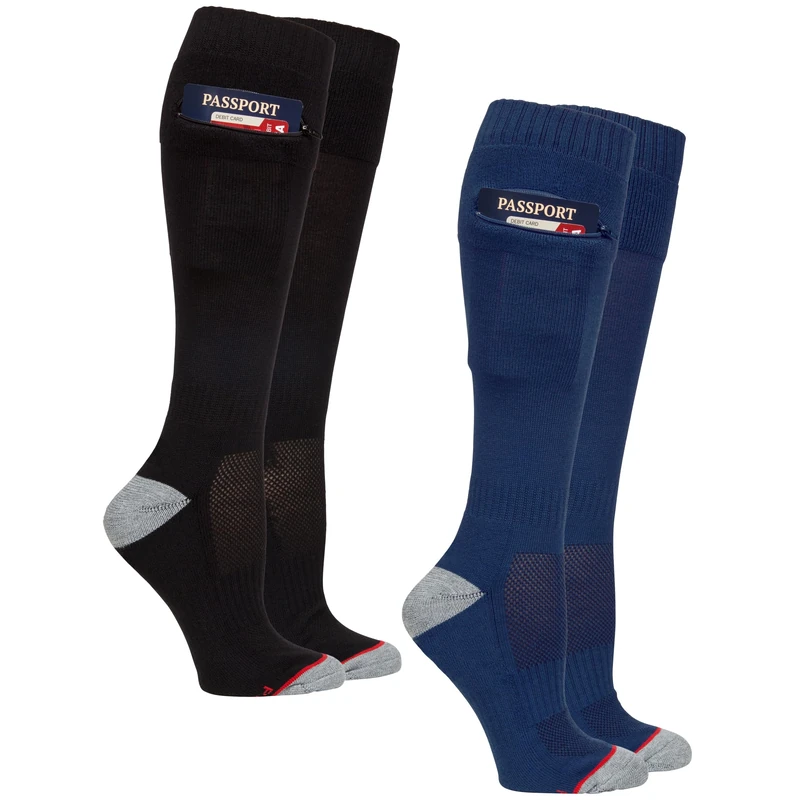 ZIP IT GEAR Passport Anti Pickpocket Socks w/Hidden Pocket - Anti Theft Travel Security OTC Knee High Socks for Men & Women, Black/Navy, Medium - Image 1