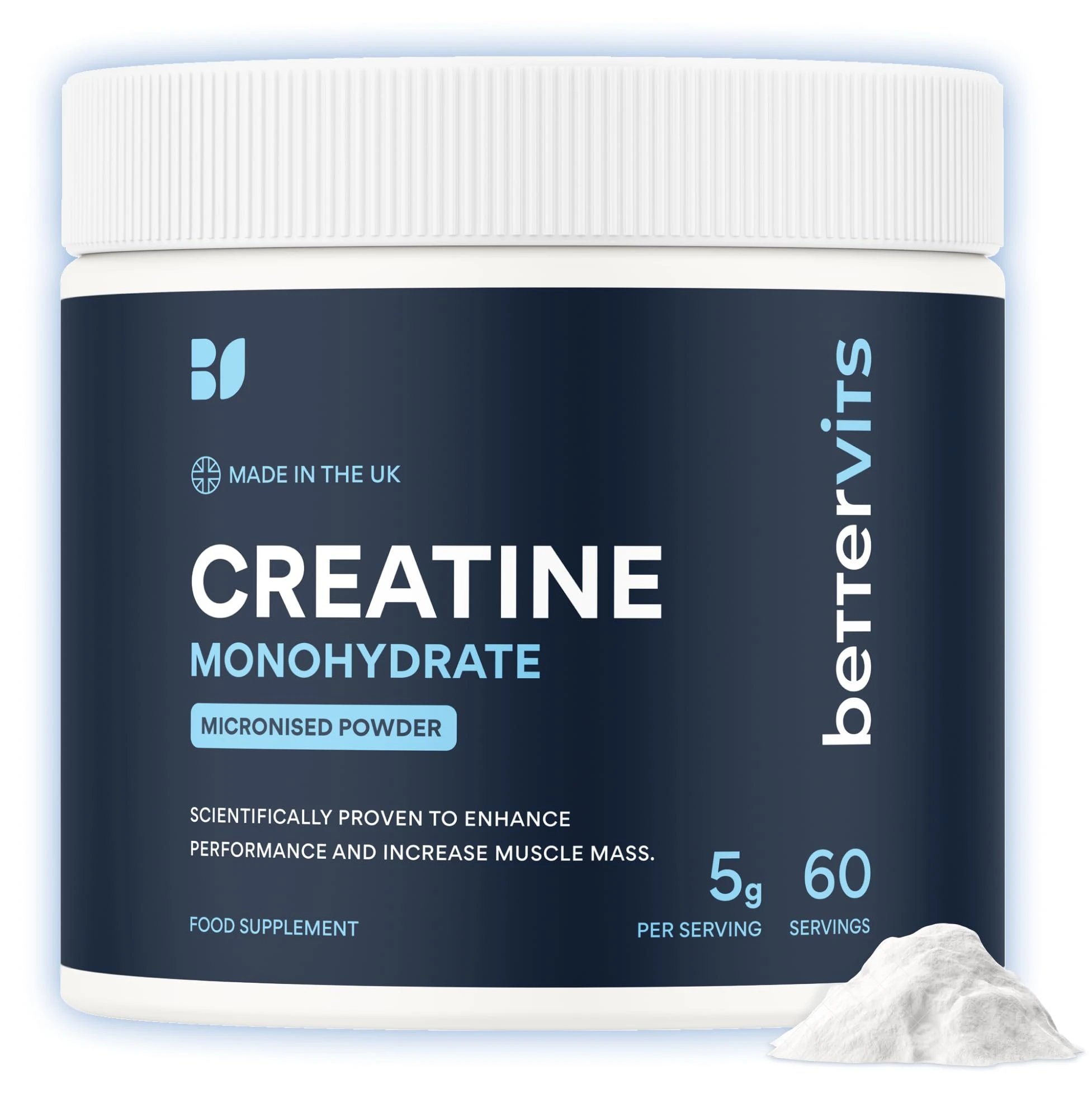 Bettervits Creatine Monohydrate Powder | Ideal for Muscle Growth & Recovery - Unflavoured Creatine 5g | 100% Pure Micronised Creatine Powder | Supports Strength Performance | 60 Servings