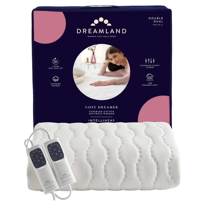 Dreamland Cosy Dreamer Electric Blanket - Heated Underblanket with Italian Cotton, Intelliheat Technology, 6 Heat Settings, Overheat Protection & Machine Washable, Timer, 150 x 137cm - Double Size