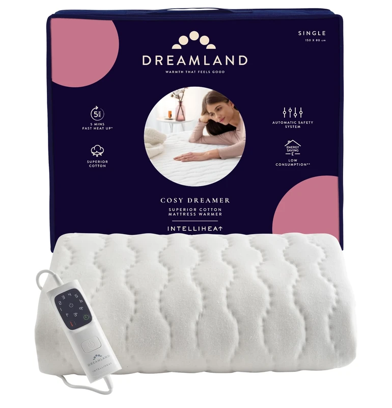 Dreamland Cosy Dreamer Electric Blanket - Heated Underblanket with Italian Cotton, Intelliheat Technology, 6 Heat Settings, Overheat Protection & Machine Washable, 150 x 80cm - Single Size