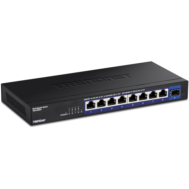 TRENDnet 9-Port Unmanaged 2.5G Switch with 10G SFP+ Port, TEG-S5091, 8 x 2.5GBASE-T Ports, 60Gbps, Wall Mountable, Ethernet Splitter, NDAA & TAA Compliant, Lifetime Protection, Black