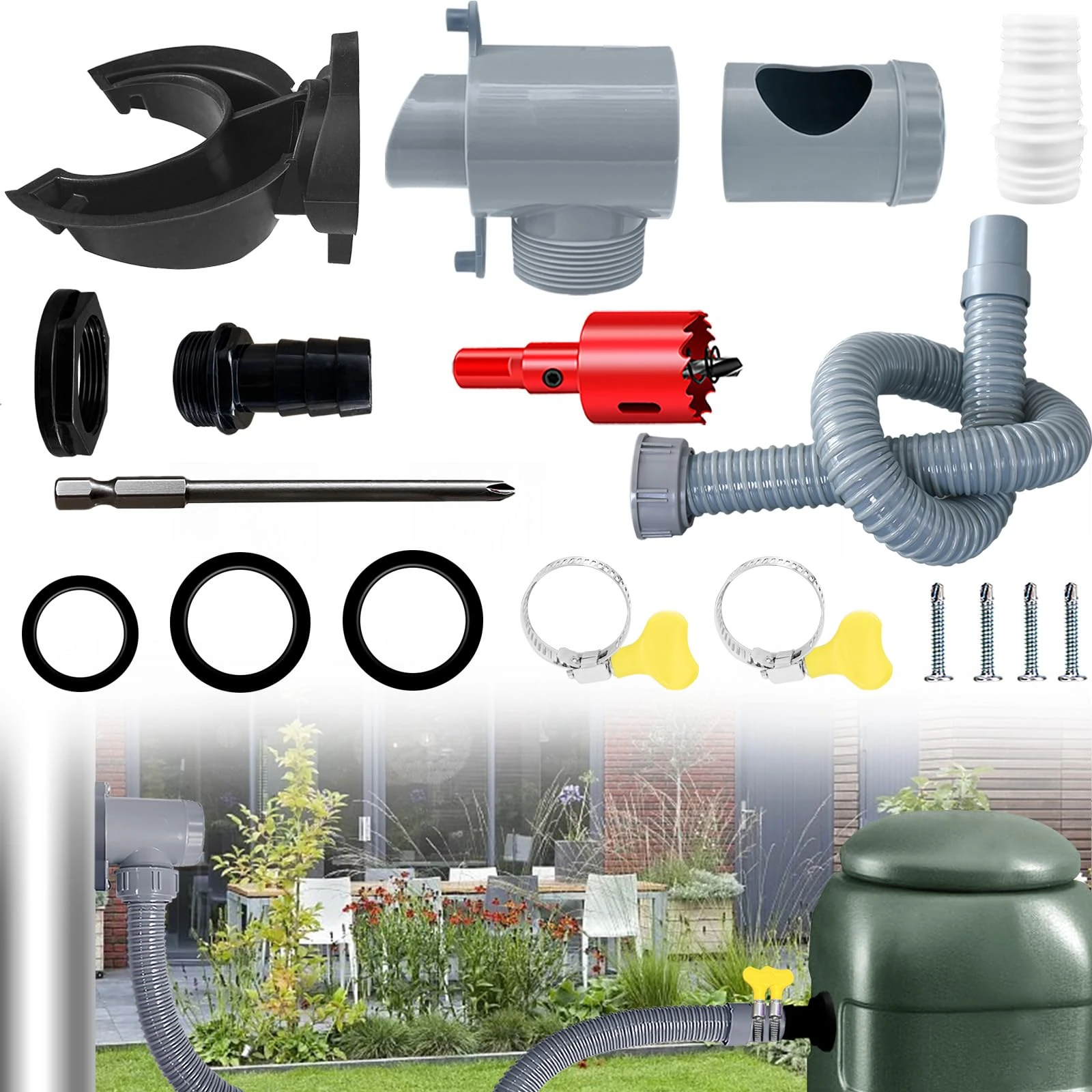 Rainwater Diverter Kit, Water Butt Filler Kit for Downpipes, Rainwater Collector, Connects Downpipe to Water Butt, Water Collection System Catch Rain Water for Outdoor, Fits Round Downpipes