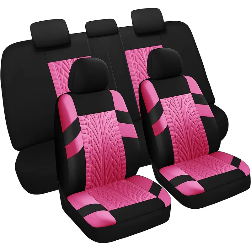 VarCozy Car Seat Covers Full Set Front and Split Rear Seat Covers Universal Cloth SUV Sedan Van Car Interior Covers Airbag Compatible Black and Pink