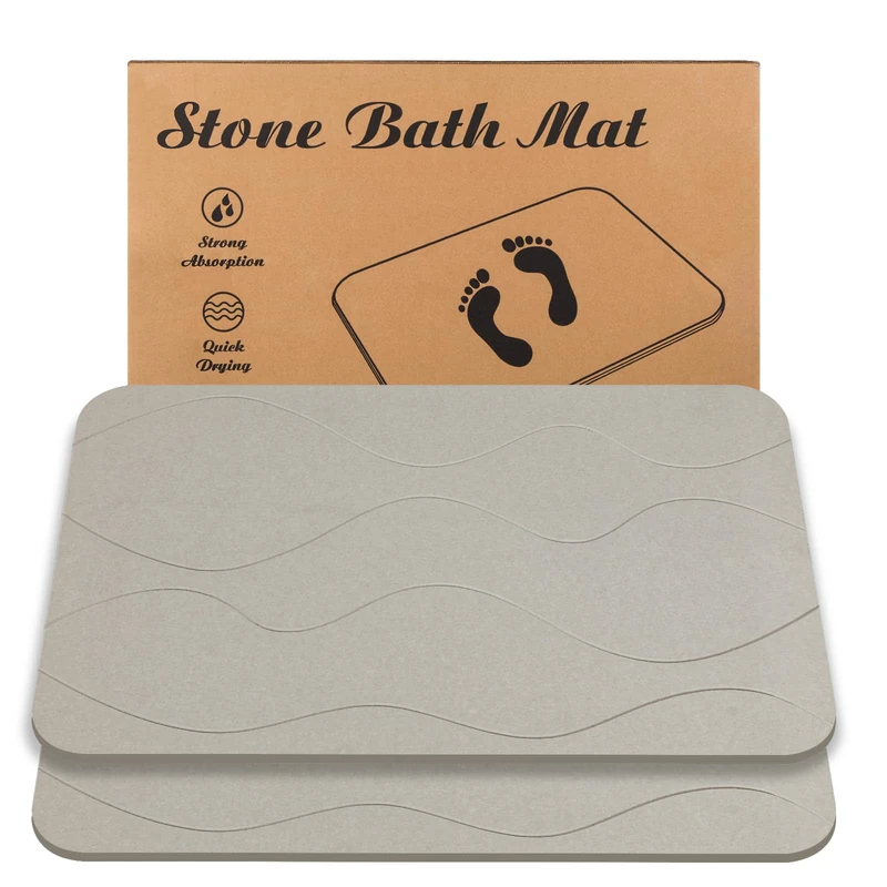 JIZEUO Stone Bath Mat, Diatomaceous Earth Shower Mat, Non-Slip Super Absorbent Quick Drying Bathroom Floor Mat, 2 Pack, Grey White