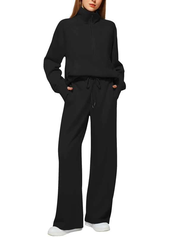 Casly Lamiit Women's 2 Piece Outfits Lounge Set 2023 Oversized Half Zip Sweatshirt Wide Leg Sweatpant Set Sweatsuit Tracksuit, Black, Medium