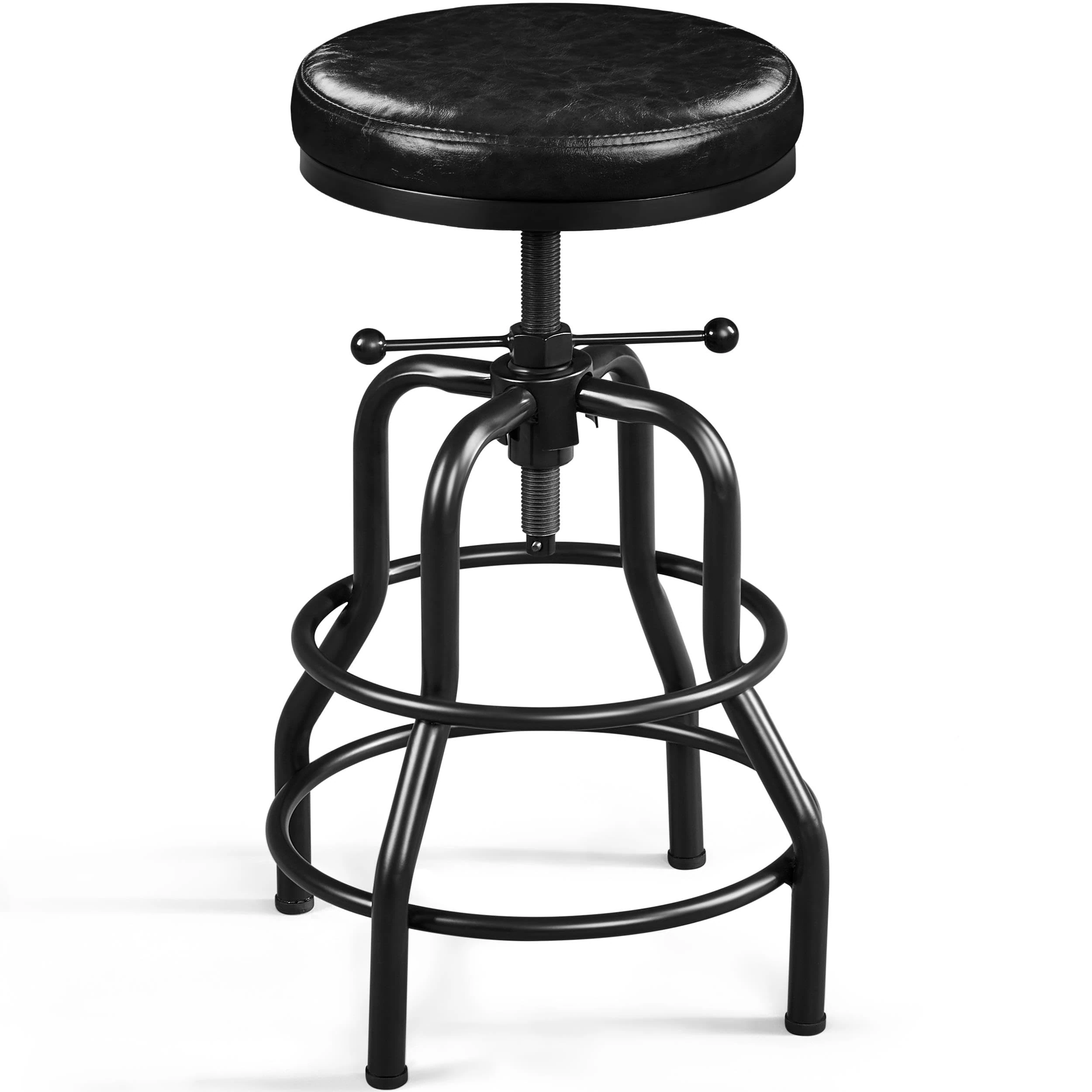 Yaheetech Industrial Height Adjustable Bar Stools Rustic Kitchen Barstool (54.5-71.5 cm) Chairs Round with Faux Leather Seat, Footrest, Stool for Kitchen Counter, Home Bar, Black, 1PCS