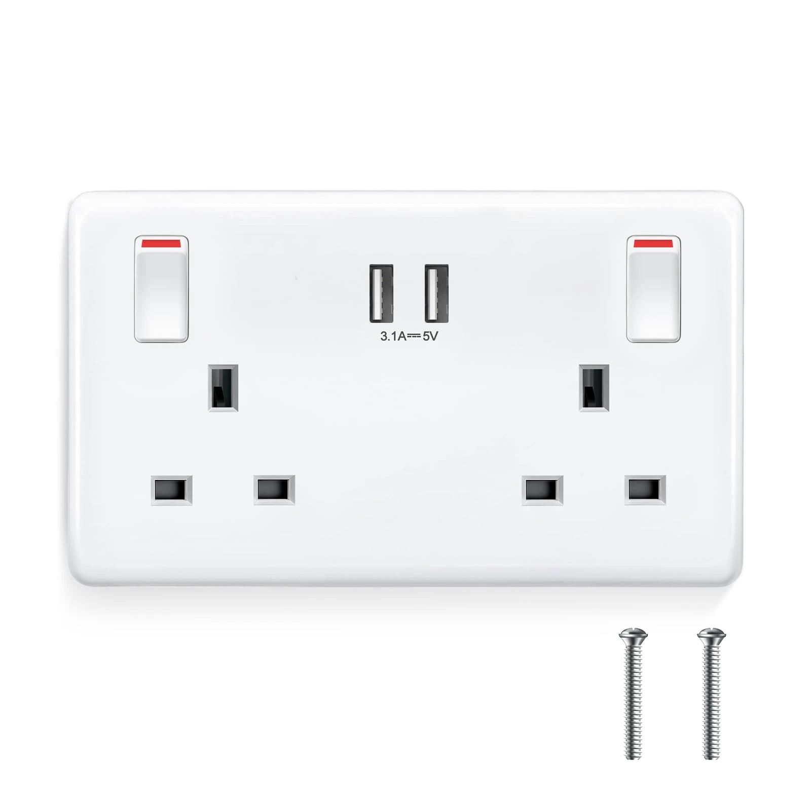 Double Plug Socket USB Switched Wall Socket with Dual Smart USB Charger 3.1A 15.5W Electrical Outlet 2 Gang 13 Amp Electric Power Sockets, Easy to Install, White