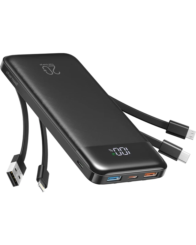 Charmast 20000mAh Power Bank with 4 Built-in Cables, 22.5W Fast Charging Portable Charger for iPhone, Android, iPad, No Extra Cords Needed for Travel, Work, Emergency
