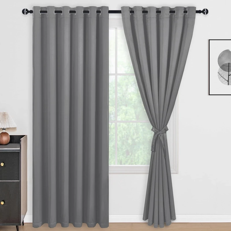 DWCN 100% Grey Blackout Curtains 84 Inches Long for Bedroom with Black Liner, Double Layer Thermal Insulated Room Darkening Window Curtain Panels with Tiebacks for Nursery Room W70 x L84, 2 Panels