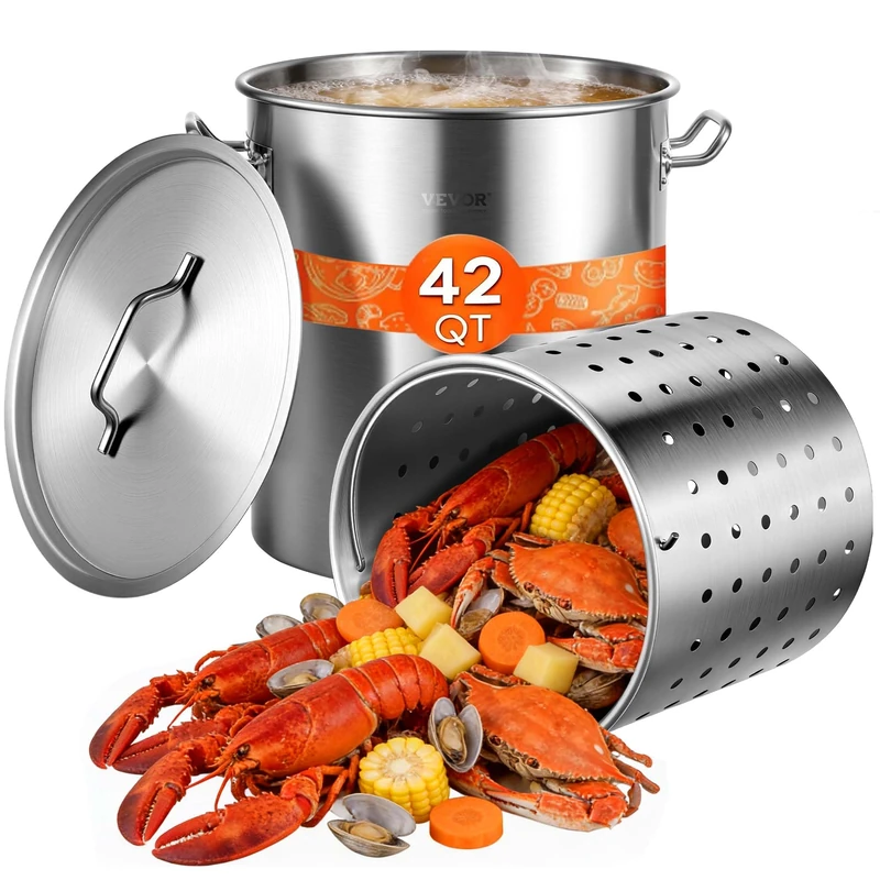 VEVOR Stainless Steel Stockpot, 39.7L Large Cooking Pots, Cookware Sauce Pot with Strainer, Lid, and Handle, Heavy Duty Commercial Grade Stock Pot, Sanding Treatment, for Large Groups Events Silver - Image 1