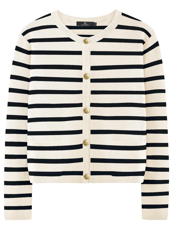 LILLUSORY Women's Striped Cardigan Sweaters Fall Outfits Clothes Fashion Trendy Long Sleeve Tops Casual Knit Lady Jackets, Apricot Black, Small