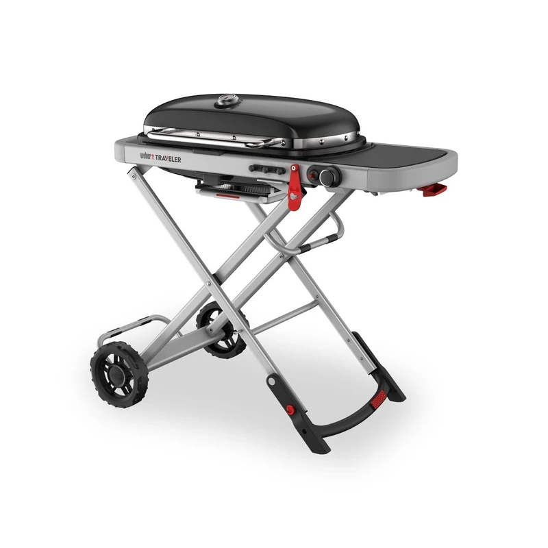 Weber Traveler Gas Grill/Folding Design with Wheels, Automatic Lid Lock and Lid Thermometer, 1 Burner, 111 cm Wide, 63 x 34 cm Grill Area, Black (9010079) - Image 1