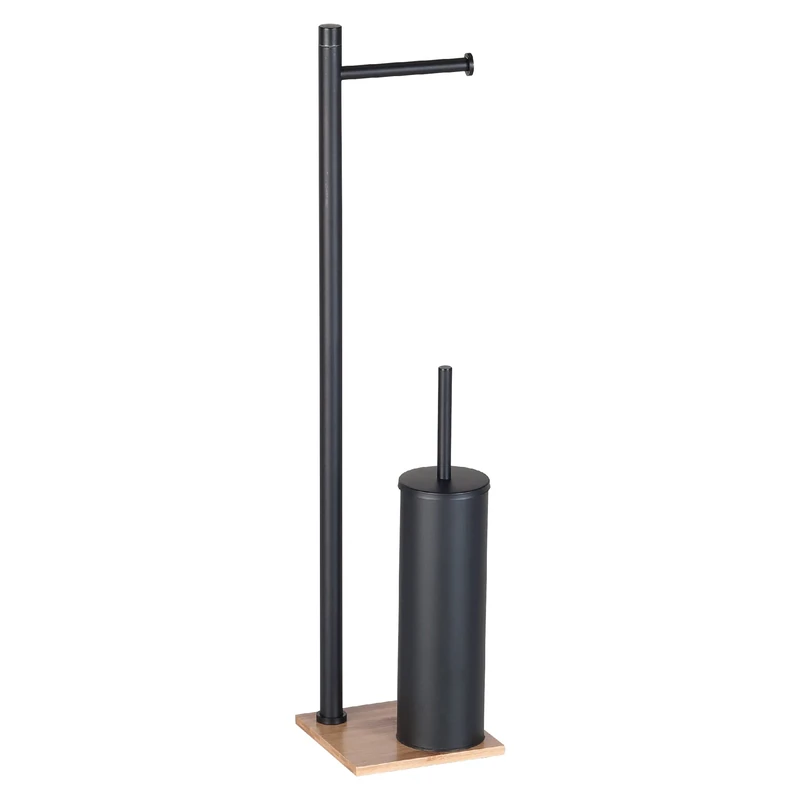 Gedy TRILLY Toilet Brush and Toilet Roll Holder, Natural-Matte Black, Stainless Steel and Bamboo Base, 14 x 14 x 63 cm
