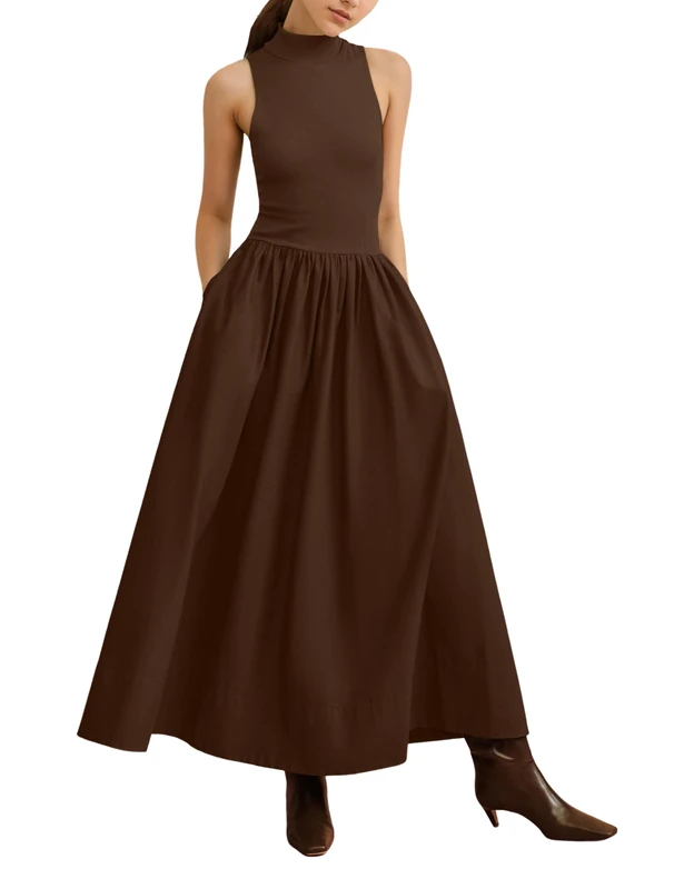 Lauweion Women's Sleeveless Turtleneck Maxi Dress Patchwork Casual Solid Flowy Mock Neck Long Dress with Pockets, Brown, M - Image 1