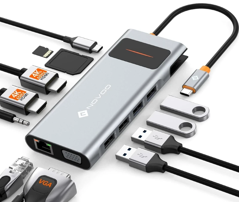 USB C Triple Display Docking Station, NOVOO 12 in 1 USB C Hub with Dual 4K HDMI, VGA, 1000Mbps Ethernet, SD/TF Card, 4 USB-A, 3.5mm Audio and Rich Fast PD 100W for MacBook/DELL/Surface