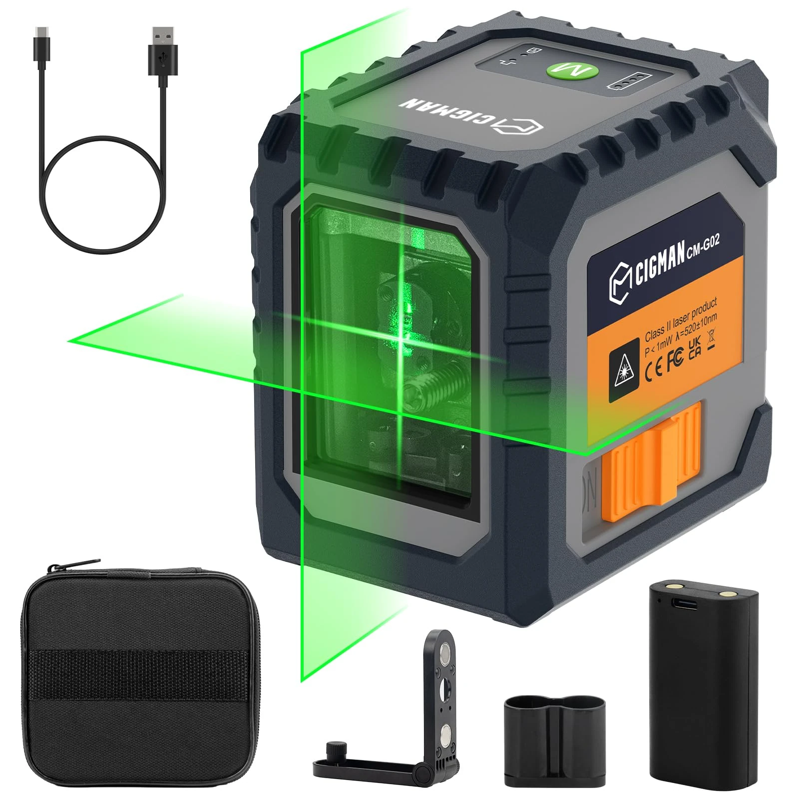 CIGMAN Green Laser Level, Self-Leveling Cross Line Laser, 30M Working Distance (Up to 50M with Detector), Rechargeable Battery Built-in, Button Control Laser