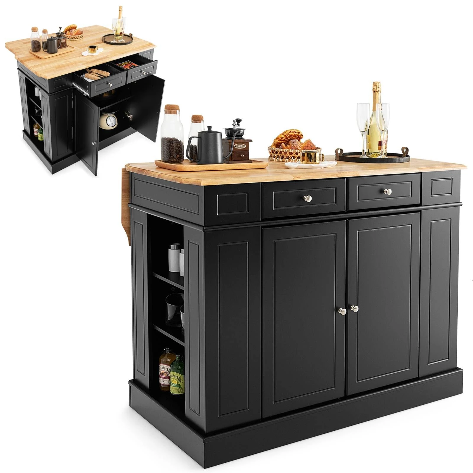 COSTWAY Drop-Leaf Kitchen Island, Storage Sideboard Cabinet with Extendable Rubber Wood Top, Drawers, Adjustable Side Racks & Shelves, Home Dining Room Cupboard Organiser, 120x90x92cm (Black)
