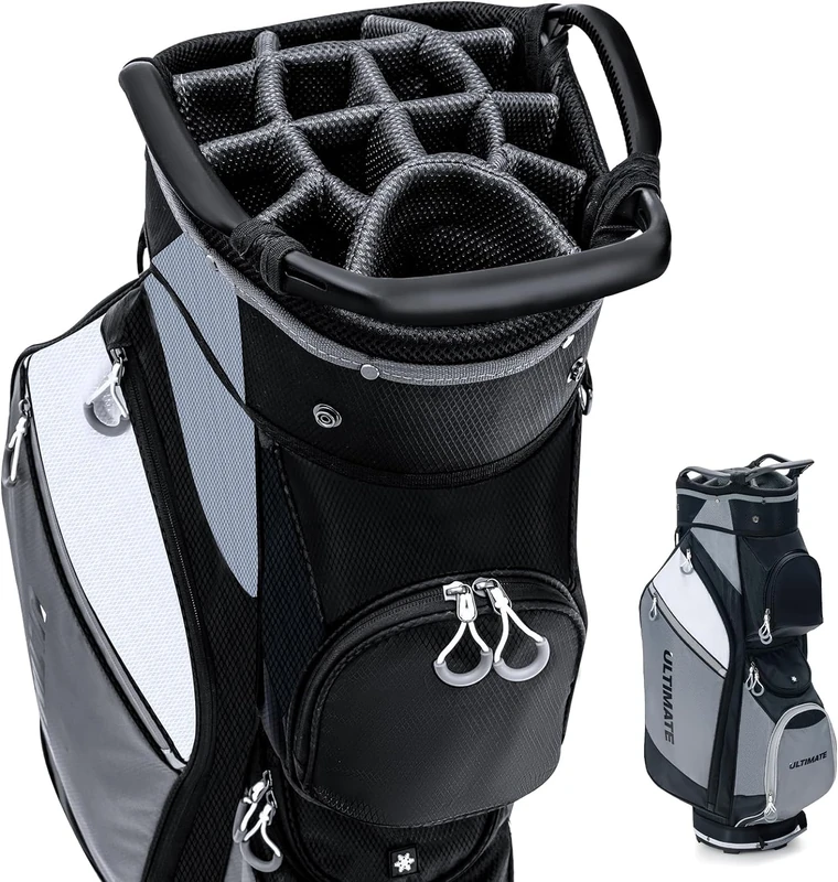 GYMAX Golf Trolley Bag, Lightweight Golf Cart Bag with 14 Way Dividers, 7 Zippered Pockets, Shoulder Strap, Rain Hood & Umbrella Holder, Portable Golf Club Carry Bag (Black，36 x 29 x 91 cm)
