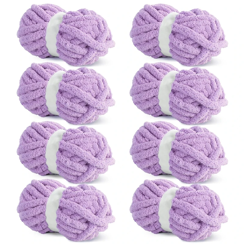 Hombys Purple Chunky Chenille Yarn for Crocheting, Knitting & Blankets, Soft Plush Yarn, 8 Jumbo Packs (27 Yds, 8 Oz Each)