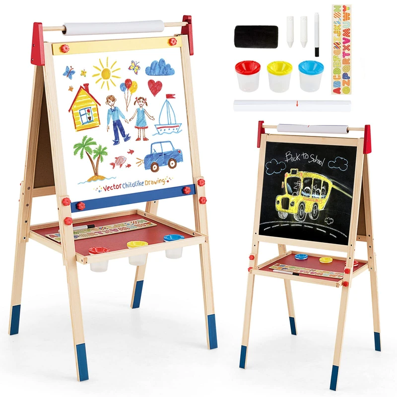 GYMAX Wooden Kids Easel, 3 in 1 Height Adjustable Art Easel with Paper Roll & Storage Tray, Double Sided Whiteboard & Chalkboard Drawing Easels for Toddlers (60 x 55 x 125 cm)