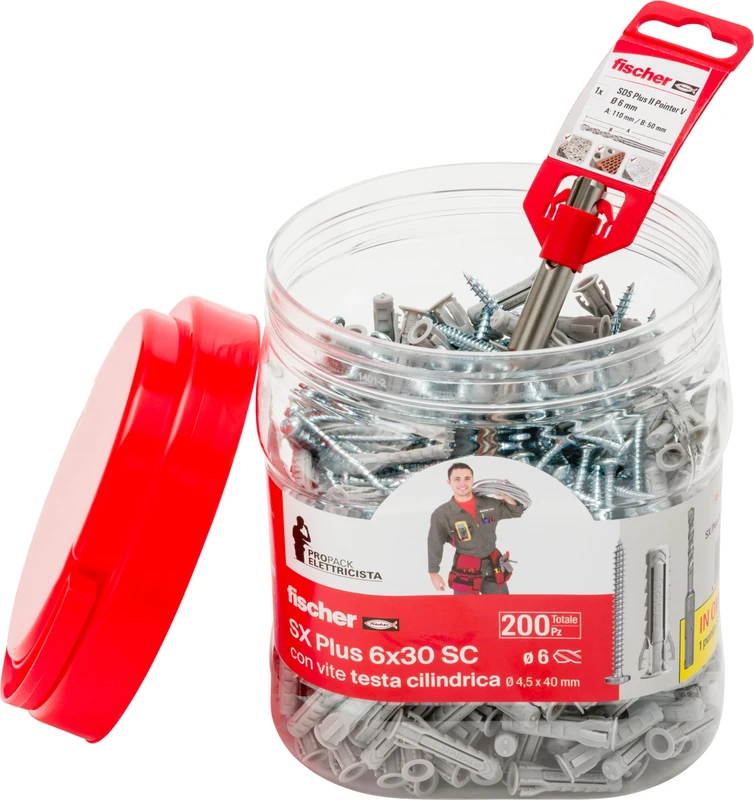 Fischer Propack 570207 SX Plus 6x30 SC Electrician with 200 Dowels SX 6 x 30 + 1 SDS Plus Tip Ø 6, Ideal for Fixing Electrical Applications, 570207