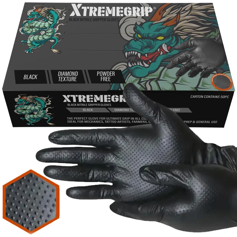 Xtremeauto Nitrile Gloves - Disposable, Diamond Grip Black - Powder-free & Latex Free, Extra Thick & Strong for Mechanics (1 Box, Extra Large)