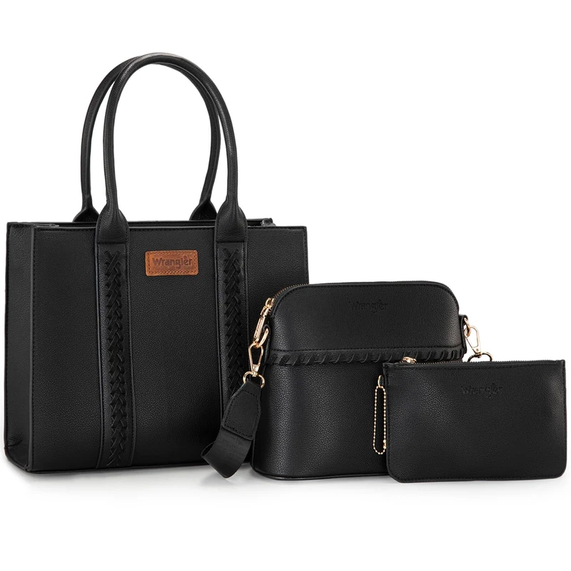 Wrangler 3Pcs Purses for Women Tote Bag Crossbody Handbag Sets with Strap, Black, L