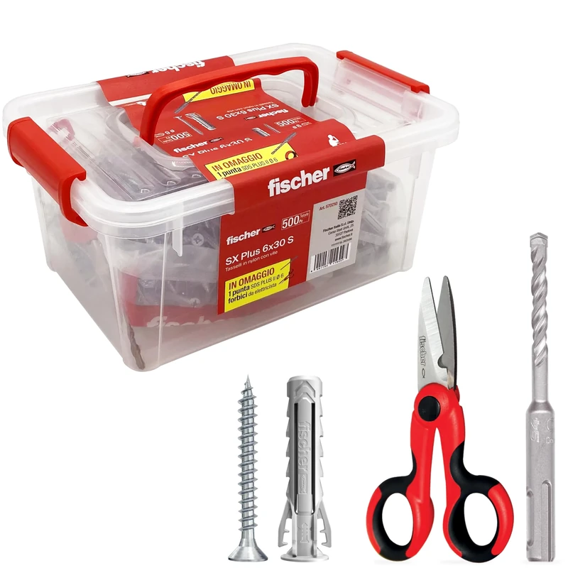 Fischer 570210 500 Dowels SX Plus 6 mm with Screw + Ergonomic Scissors + SDS Plus Drill Bit
