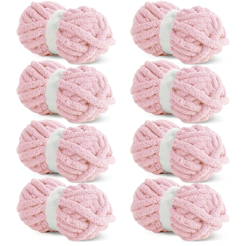 Hombys Pink Chunky Chenille Yarn for Crocheting & Knitting, Super Bulky, Soft Plush, 8 Jumbo Packs (27 yds, 8 oz Each)