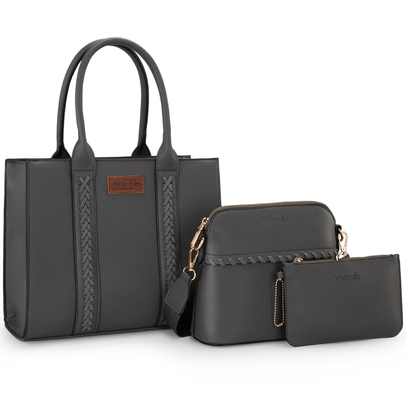 Wrangler 3 Piece Purse Set for Women Tote Bag Shoulder Bag Handbag Set with Strap, gray, Medium