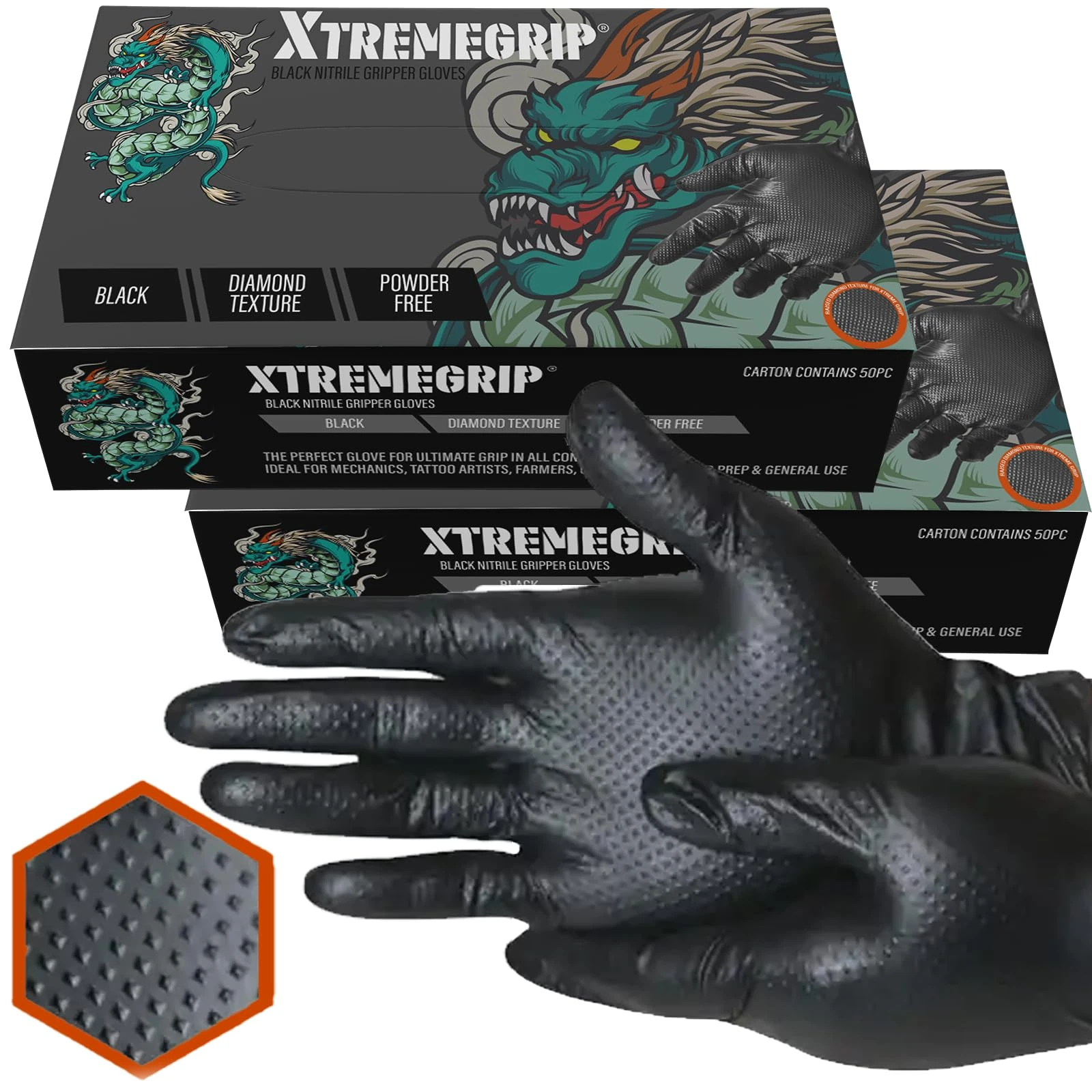 Xtremeauto Black Nitrile Gloves - Diamond Grip, Extra Thick & Strong for Mechanics - Disposable, Powder-free & Latex Free (2 Boxes, Large)