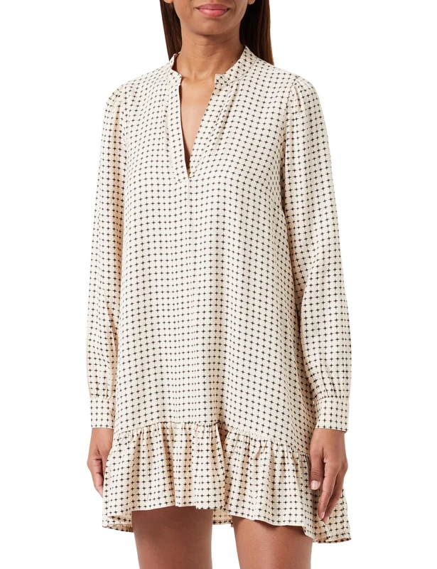 KAFFE Women's Short Dress Long Sleeves V-Notch Neck Casual Fit A-line Silhouette, Smoke Gray/Black Star Print, 16