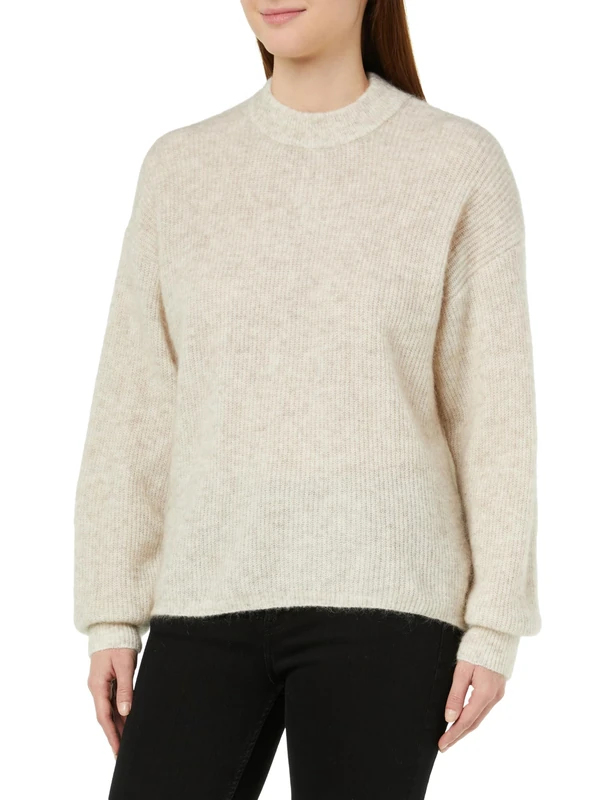 KAFFE Women's Jumper, Crew Neck, Relaxed fit, Long Sleeves, Fuzzy Rib Knit Sweater, Feather Gray Melange, XS