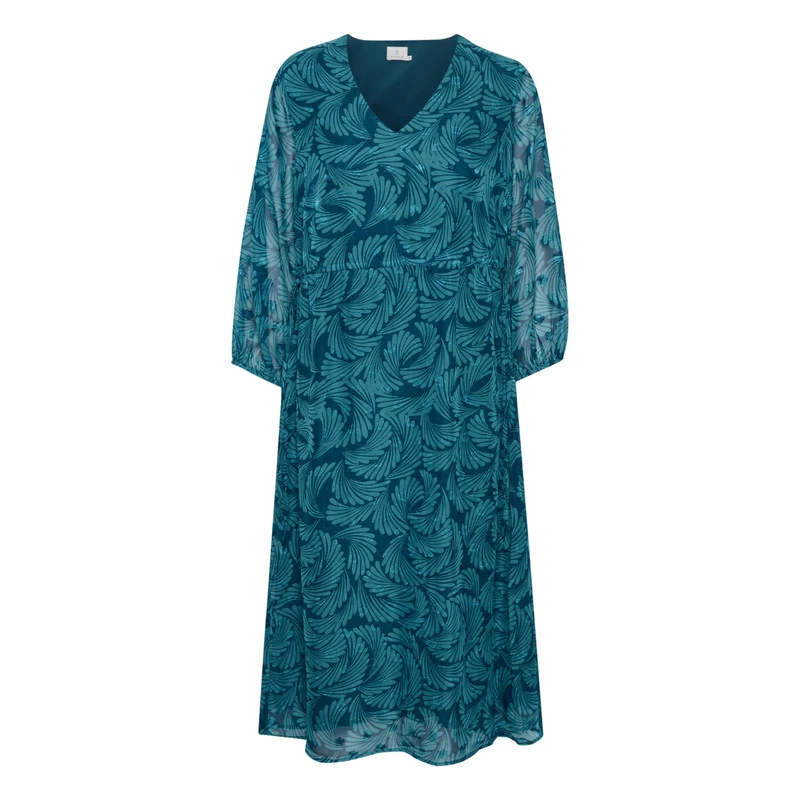 KAFFE Women's Midi Dress V-Neck 3/4 Sleeves Chiffon Drawstring Waist, Legion Blue/Blue Bird Print, 10