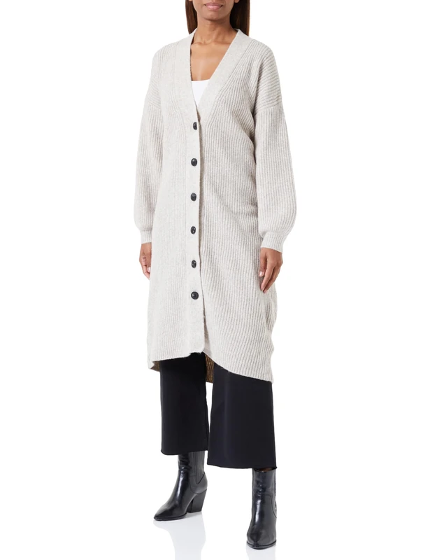 KAFFE Women's Cardigan Mid-Calf Length V-Neck Long Sleeves Relaxed Fit Buttons Sweater, Sand Melange, Large