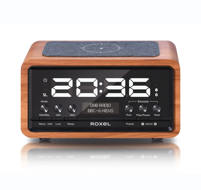 Roxel Nod DAB Radio, DAB+ & FM Radio, Alarm Clock, Wireless Qi Charging Large Digit Display Dual Bedside Alarm Clock with BT Wireless Streaming 5.0 (Walnut)