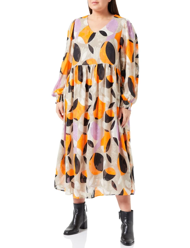 KAFFE Women's Dress Midi Length V-Neck Long Sleeves Loose Fit, Big Grafisk Print, 16