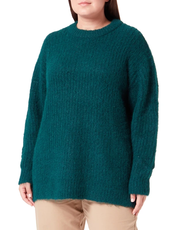 KAFFE Women's Pullover Oversized Fit Long Sleeves Crew Neck Fluffy Rib Knit, Aventurine Melange, XL