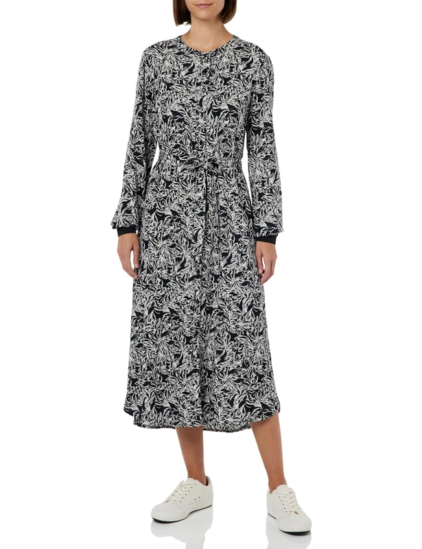 KAFFE Women's Shirt Dress Round Neck Long Sleeves Midi Length Regular Fit, Ant White/Black Flower, 8 - Image 1