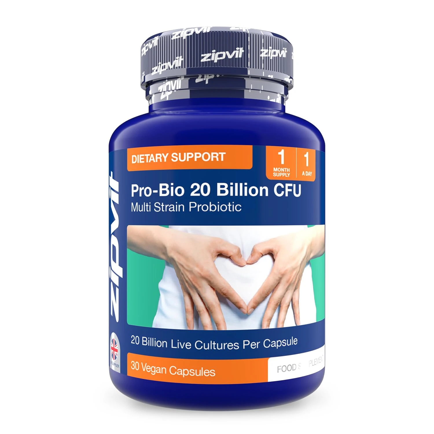 Zipvit Pro Bio 20 Billion CFU Probiotics for Gut Health, High Strength, 30 Vegan Probiotic Capsules for Men & Women, 3 Live Bacterial Cultures, Lactobacillus & Bifidobacterium Animalis