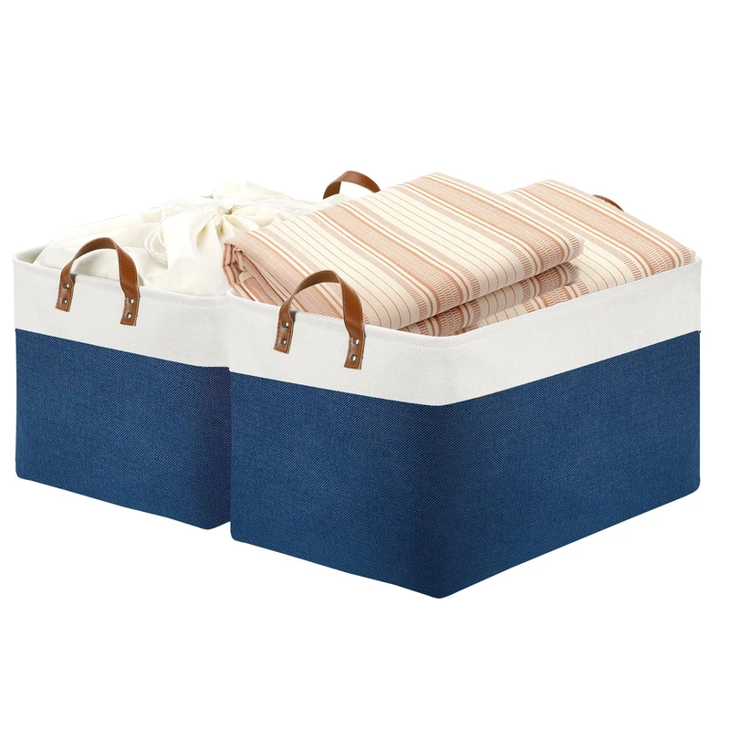 DULLEMELO 2-Pack Extra Large Blanket Basket Fabric Storage Baskets with Handles, Canvas Storage Baskets for Organizing Shelves Closet Toys Books, 22 x 15 x 13 inches(White&Blue)