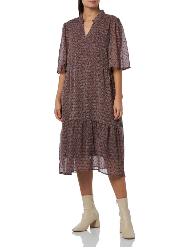 Kaffe Women's Women's Dress Chiffon Knee-Length V-Notch Neck Half Length Sleeves Tiered Dress, Soft Silt Paisley Print,