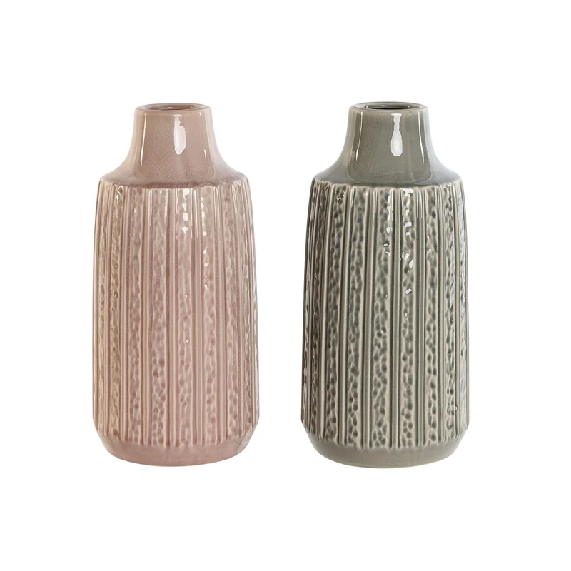 Home ESPRIT Vase Grey Pink Porcelain 15 x 15 x 31 cm (2 Units)