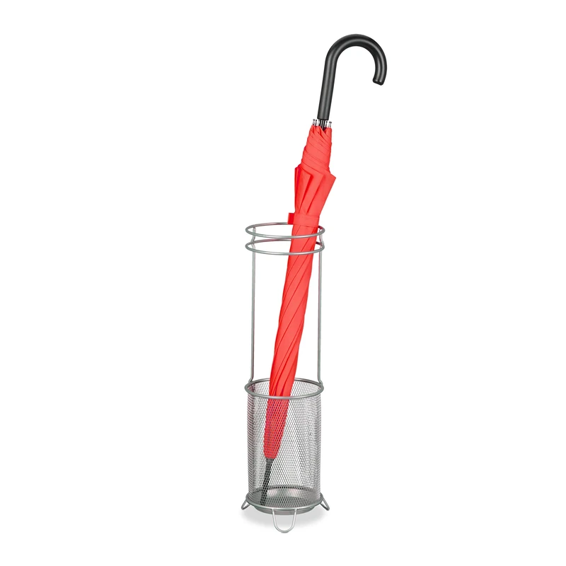 Relaxdays Umbrella Stand, 52.5 x 16 x 16 cm, Metal, Round, Brolly Drying Holder, Modern Design, Hallway Storage, Silver