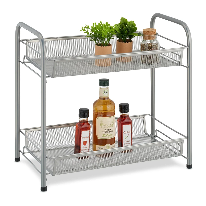 Relaxdays Spice Rack, 2 Levels, Table Kitchen & Bathroom, Make-Up, Perfume, Metal Shelf, 44.5x48x27cm, Silver, Steel, 44.5 x 48 x 27 cm