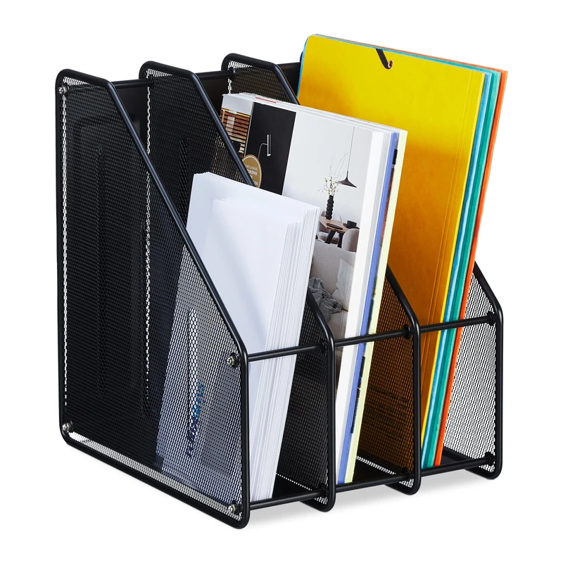 Relaxdays Magazine File, A4, 3 Compartments, Mesh Design, 31.5 x 24 x 29 cm, Office Tidy, Document Holder, Metal, Black