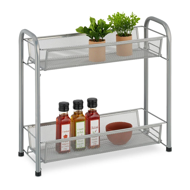 Relaxdays Spice Rack, 2 Levels, Table Shelf for Kitchen & Bathroom, Make-Up, Perfume, Metal Shelf, 40x44x17.5cm, Silver